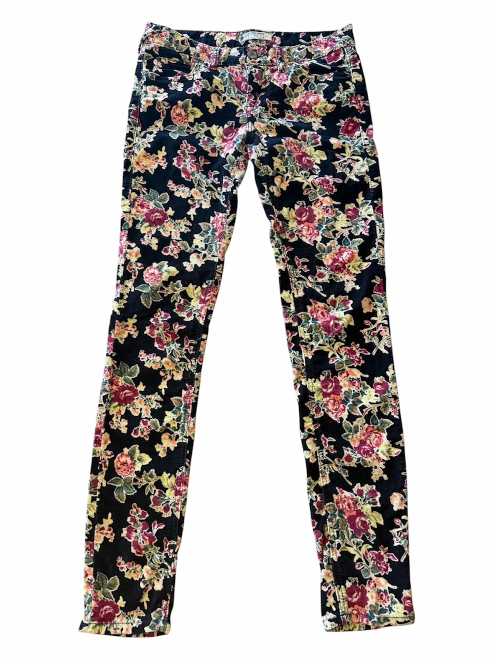 Free People Corduroy Floral Skinny Jeans - Black with Pink & Cream Roses Size 26